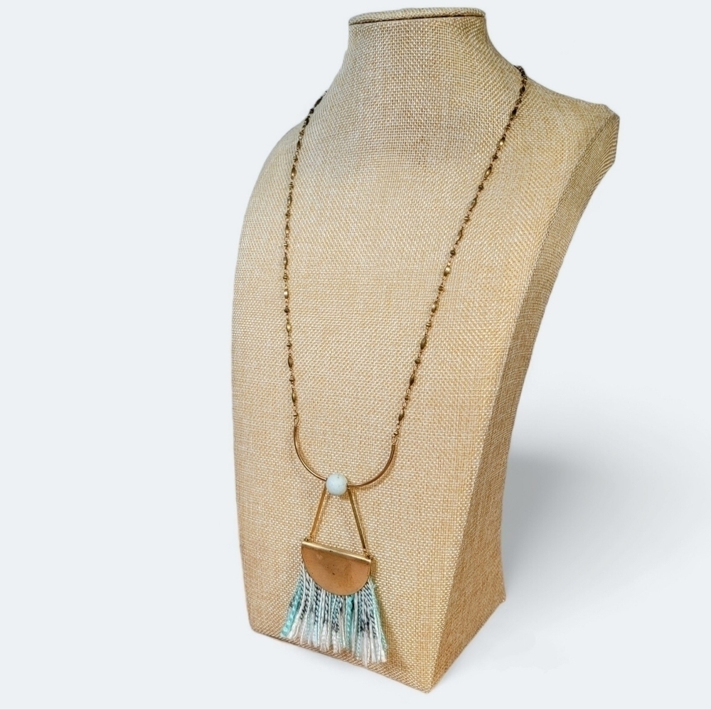 Bou Cou Long Boho Necklace Gold Tone thin chain with Yarn Fan Tassel